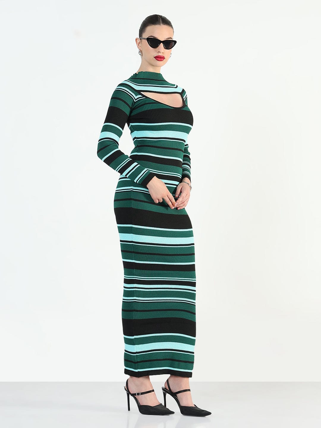 Women's Ribbed Cut-Out Neck Striped Green Bodycon Dress