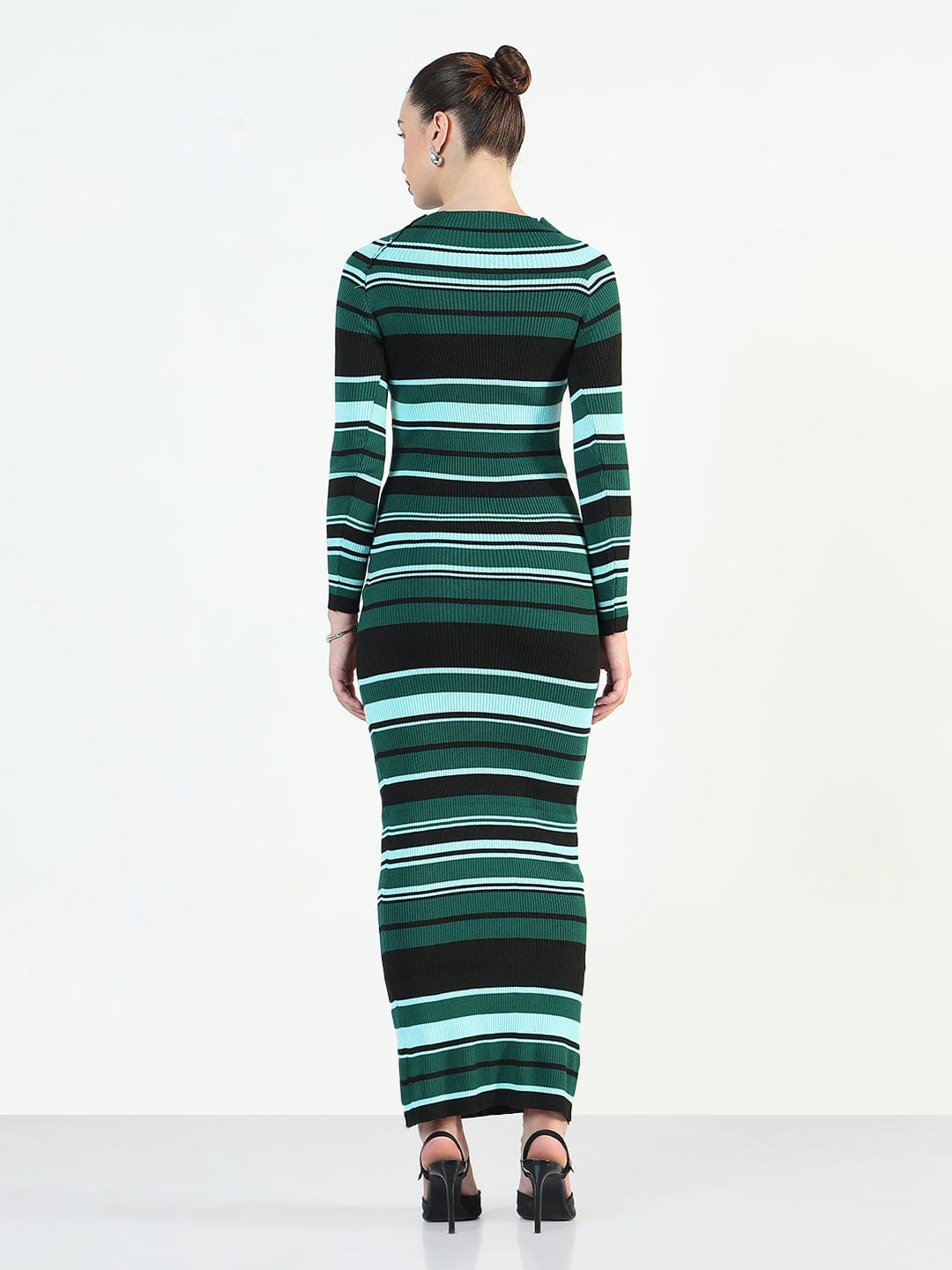 Women's Ribbed Cut-Out Neck Striped Green Bodycon Dress