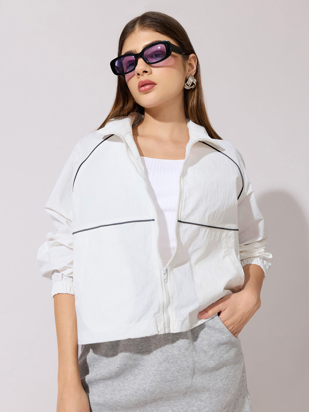 Women's White Raglan Sleeve Zip-Up Jacket