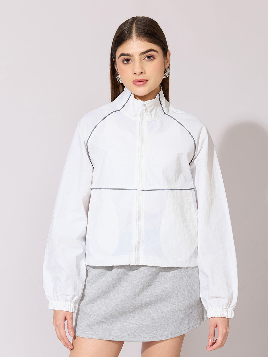Women's White Raglan Sleeve Zip-Up Jacket