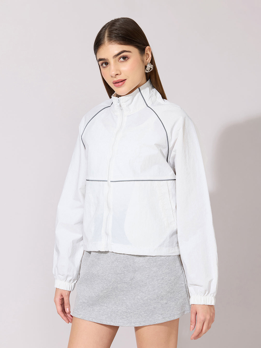 Women's White Raglan Sleeve Zip-Up Jacket