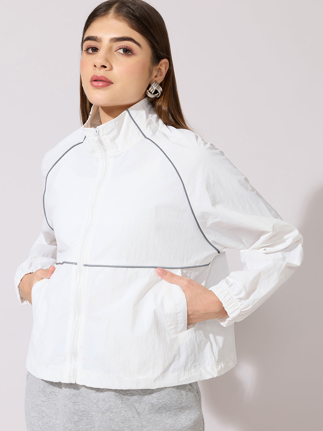 Women's White Raglan Sleeve Zip-Up Jacket