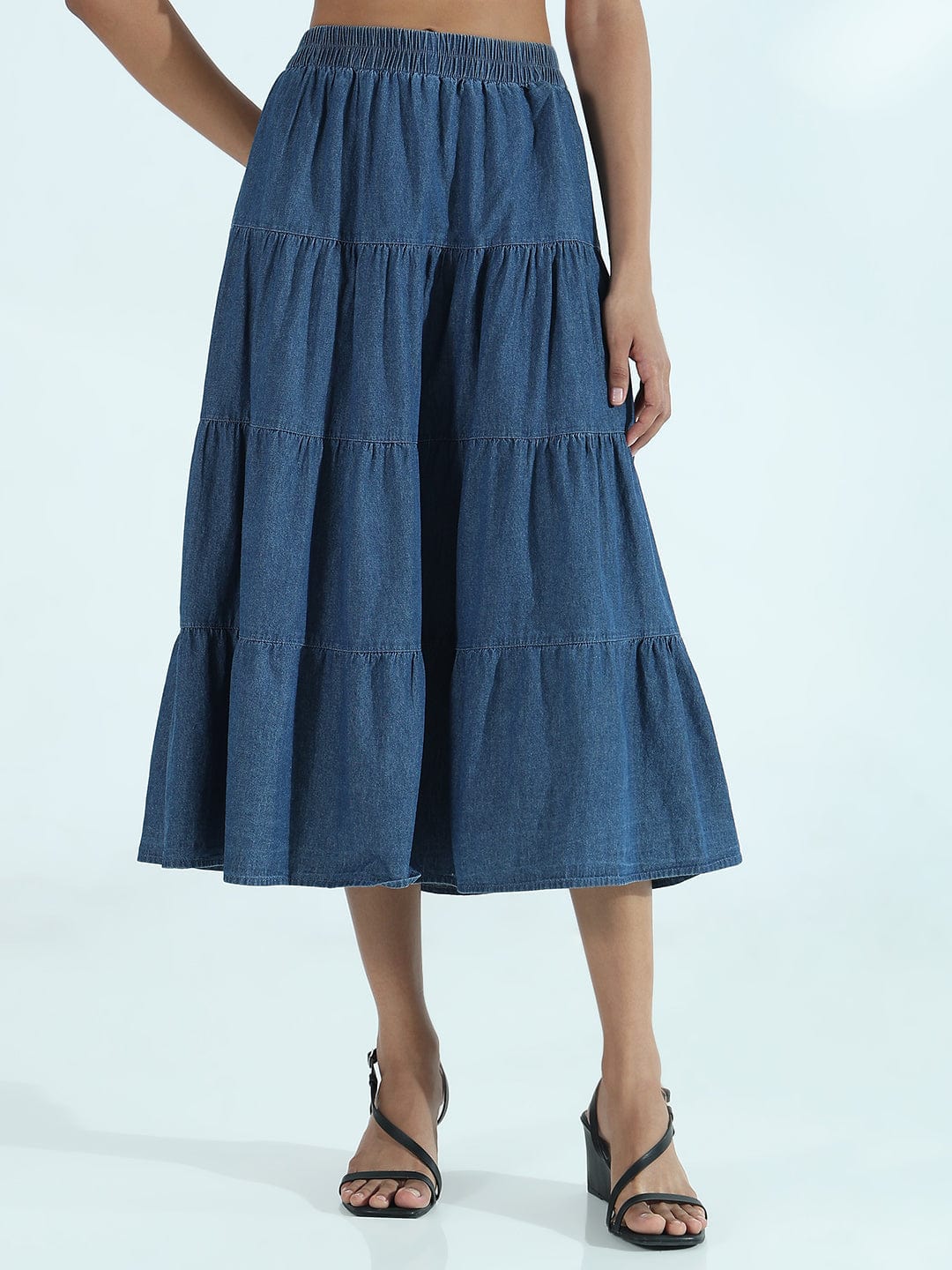 Buy Women's Blue Denim Tiered Midi Skirt Online Showoffff