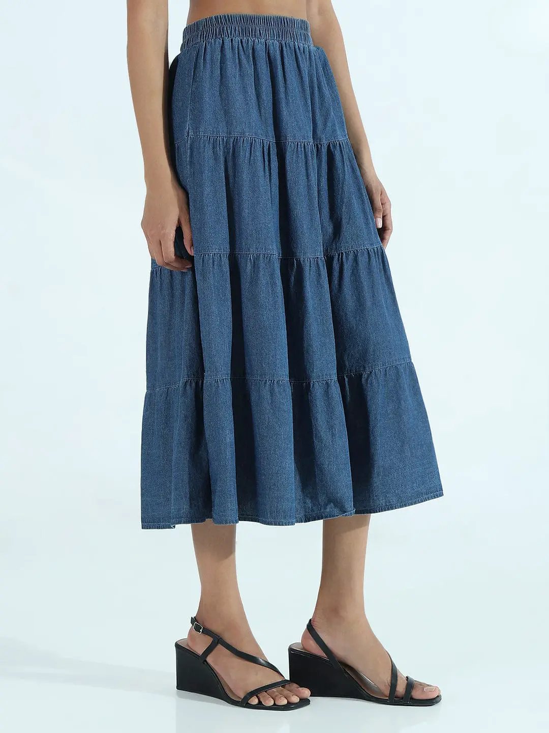 Women's Blue Denim Tiered Midi Skirt - from SHOWOFFFF