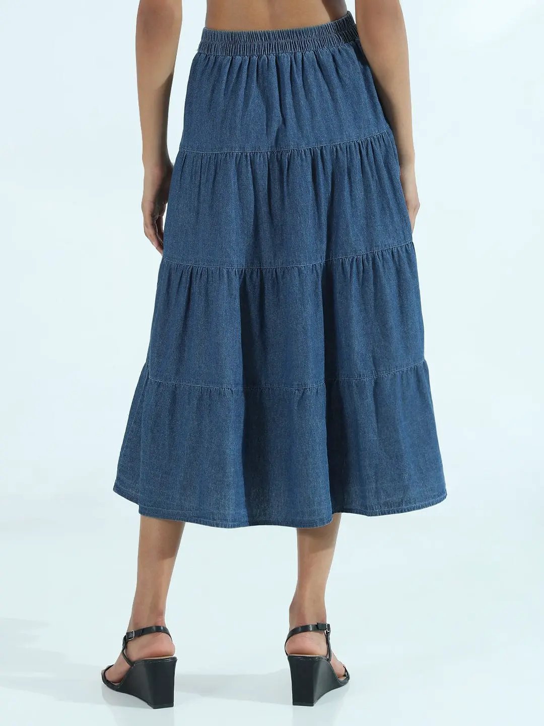Women's Blue Denim Tiered Midi Skirt - from SHOWOFFFF