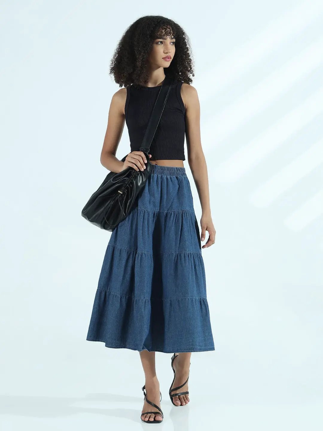 Women's Blue Denim Tiered Midi Skirt - from SHOWOFFFF