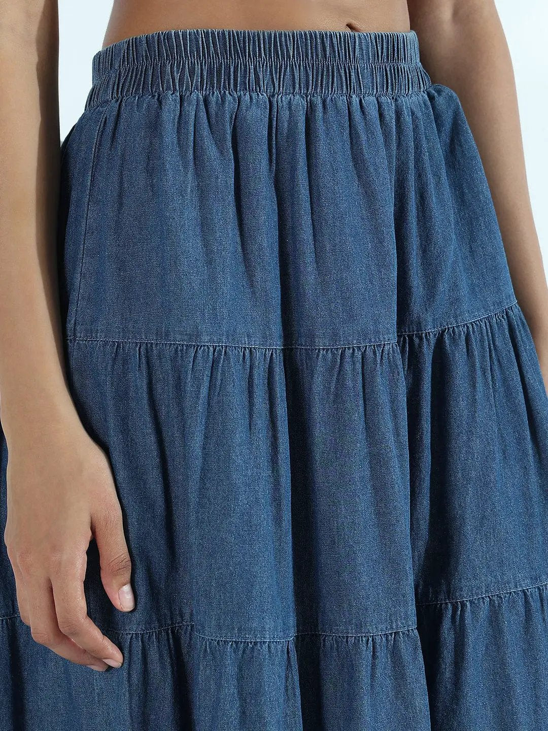 Women's Blue Denim Tiered Midi Skirt - from SHOWOFFFF