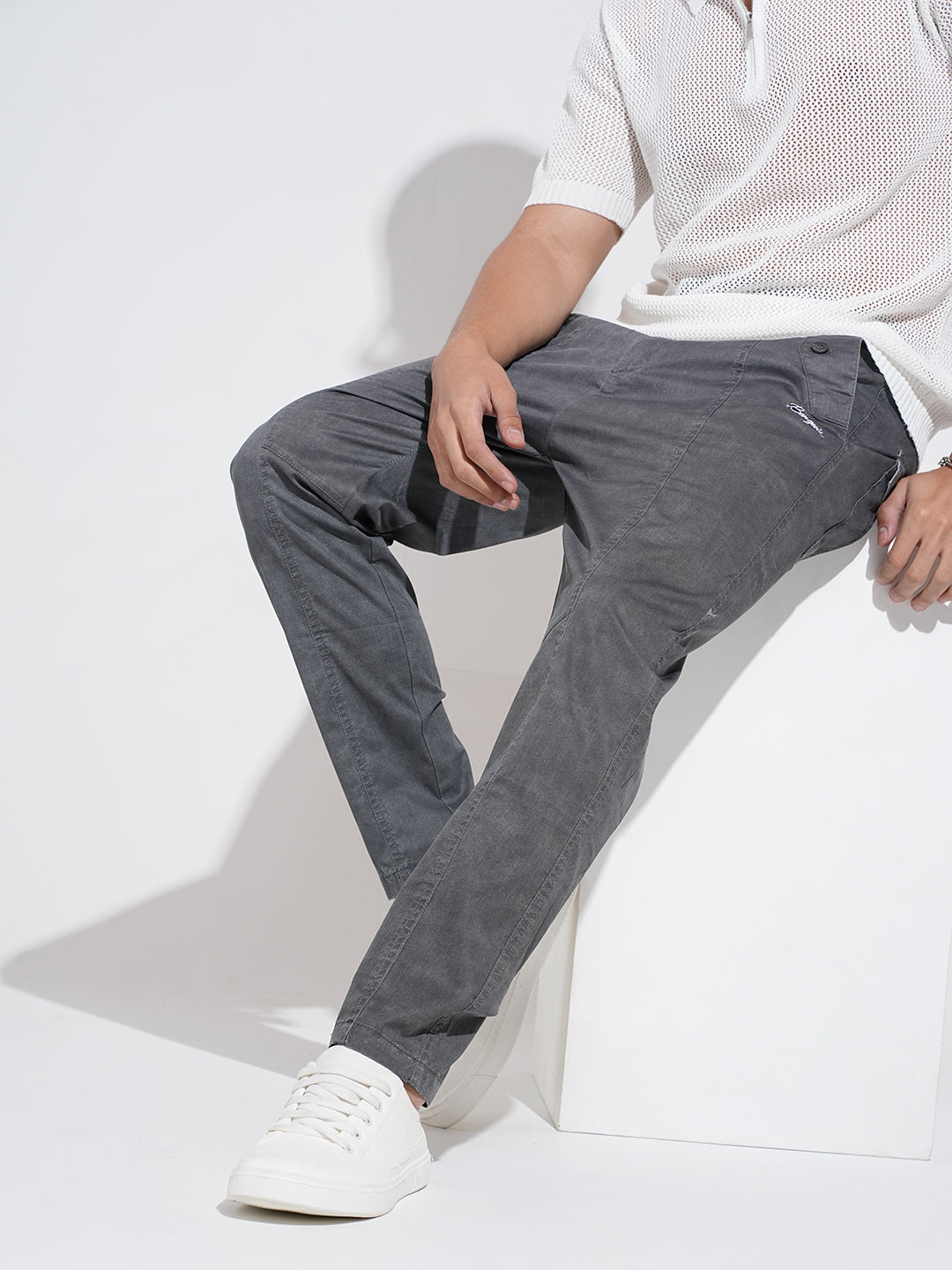 Men's Grey Regular Fit Panelled Trousers with Stylized Pockets