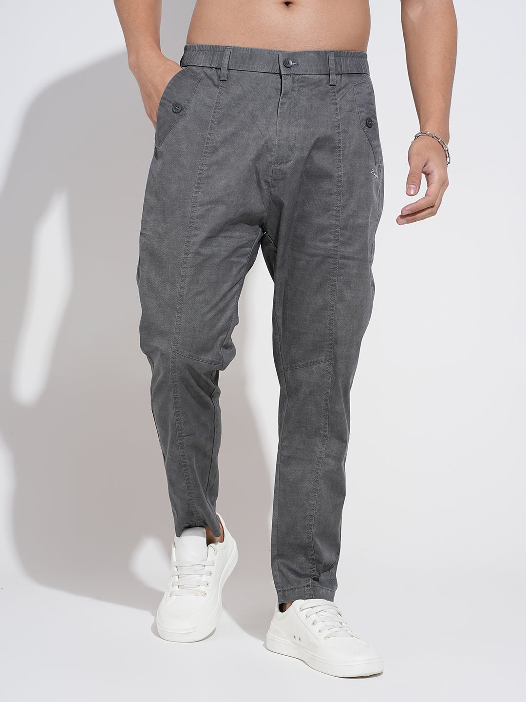 Men's Grey Regular Fit Panelled Trousers with Stylized Pockets