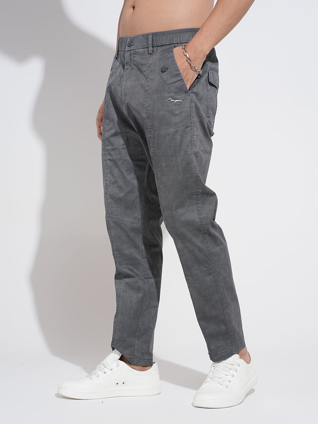 Men's Grey Regular Fit Panelled Trousers with Stylized Pockets