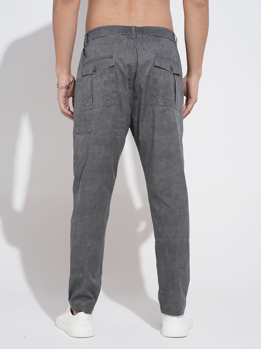Men's Grey Regular Fit Panelled Trousers with Stylized Pockets