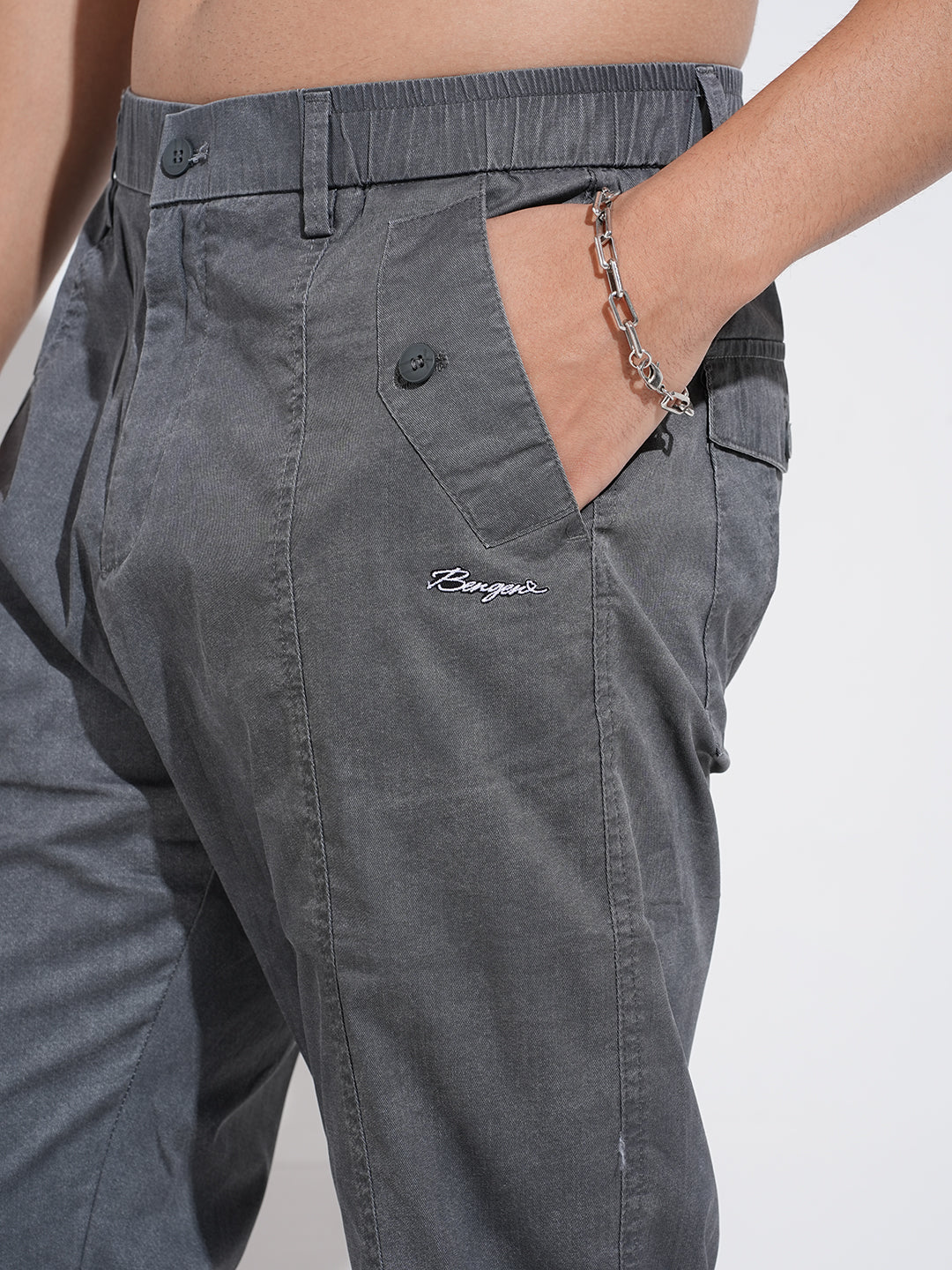 Men's Grey Regular Fit Panelled Trousers with Stylized Pockets