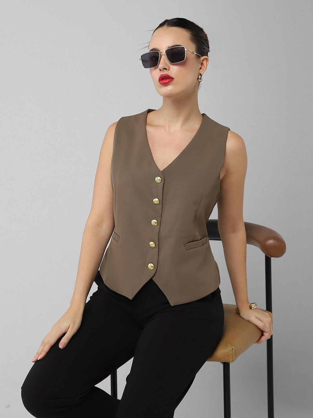 Women Brown Solid Vest Crop Top