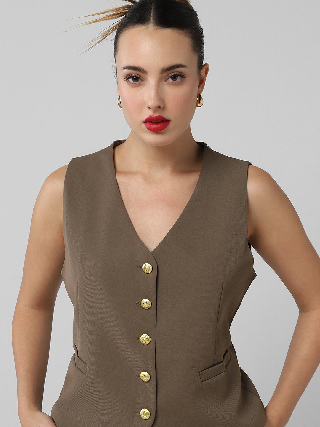 Women Brown Solid Vest Crop Top