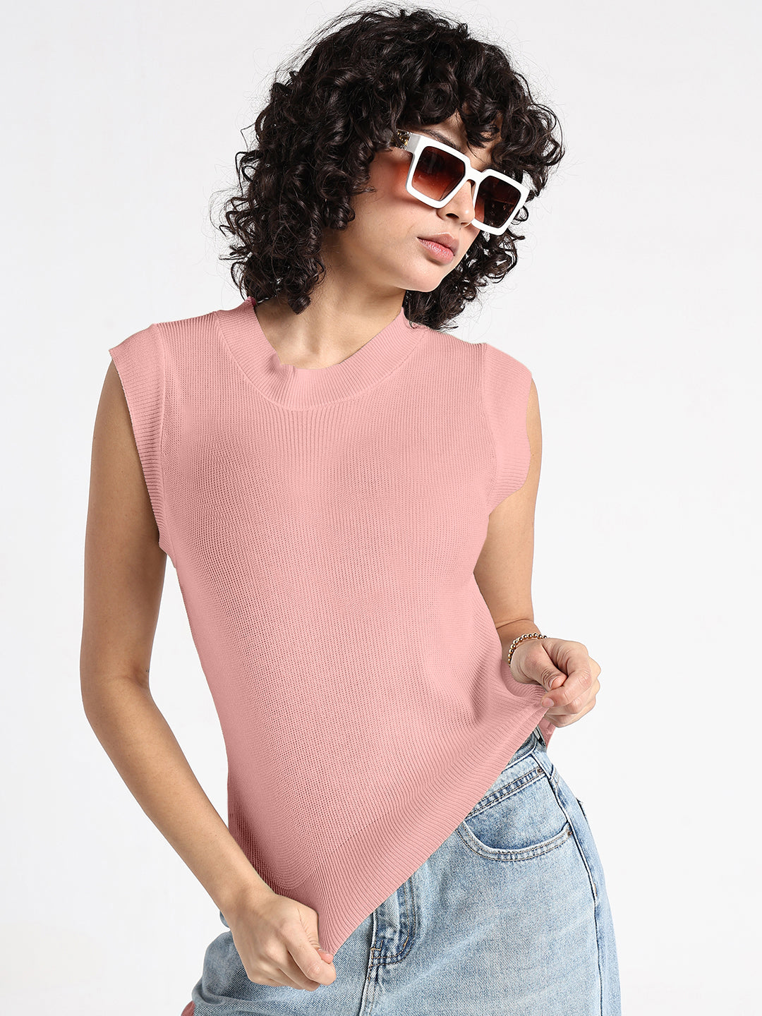 Women's Ribbed Pink Sleeveless Knit Top