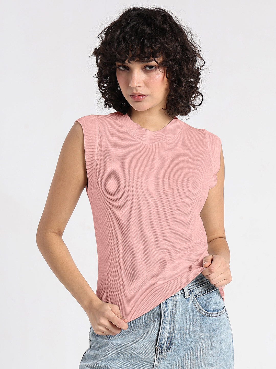 Women's Ribbed Pink Sleeveless Knit Top