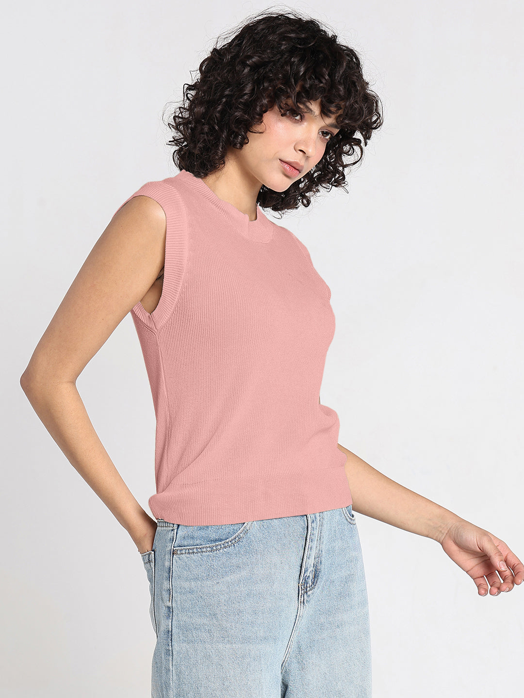 Women's Ribbed Pink Sleeveless Knit Top