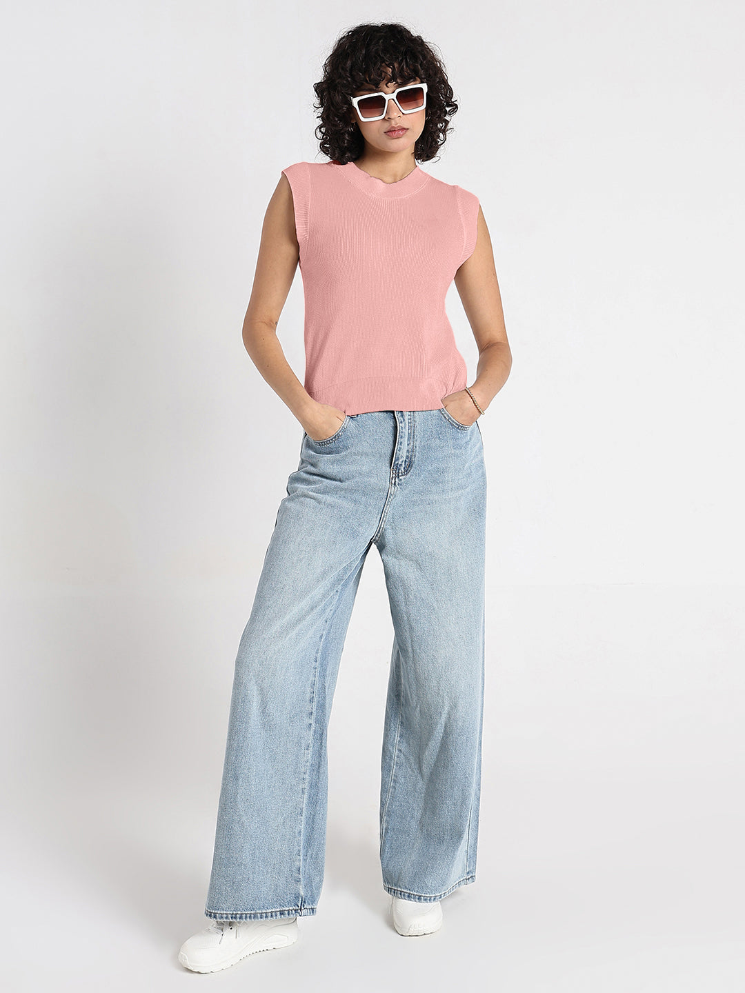 Women's Ribbed Pink Sleeveless Knit Top