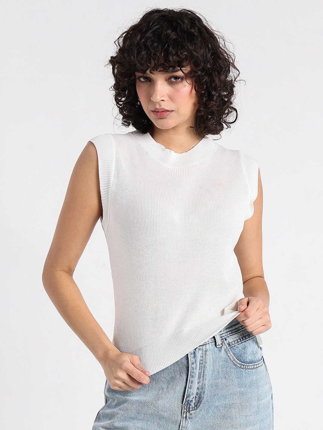 Women's Ribbed White Sleeveless Knit Top