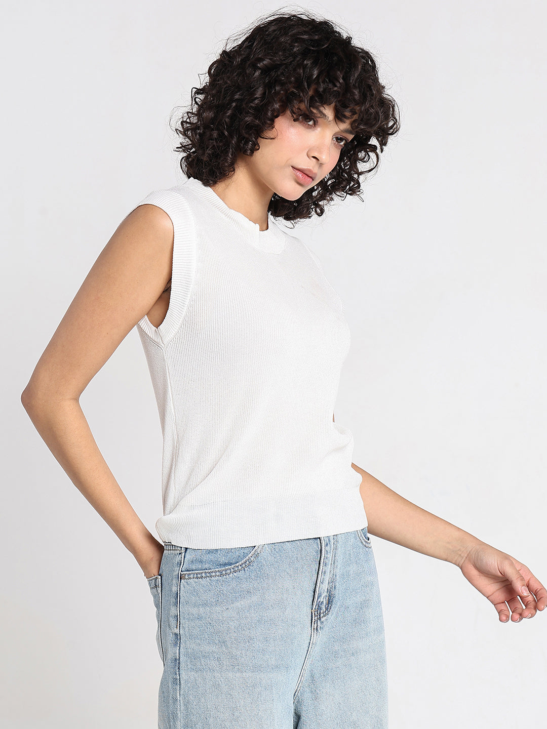 Women's Ribbed White Sleeveless Knit Top