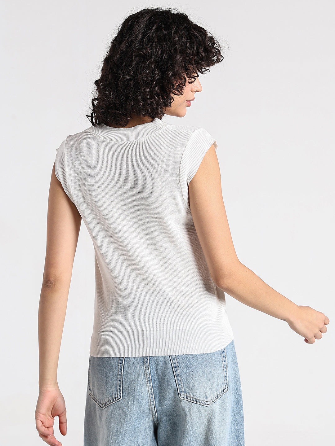 Women's Ribbed White Sleeveless Knit Top