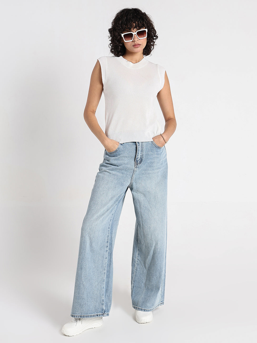 Women's Ribbed White Sleeveless Knit Top