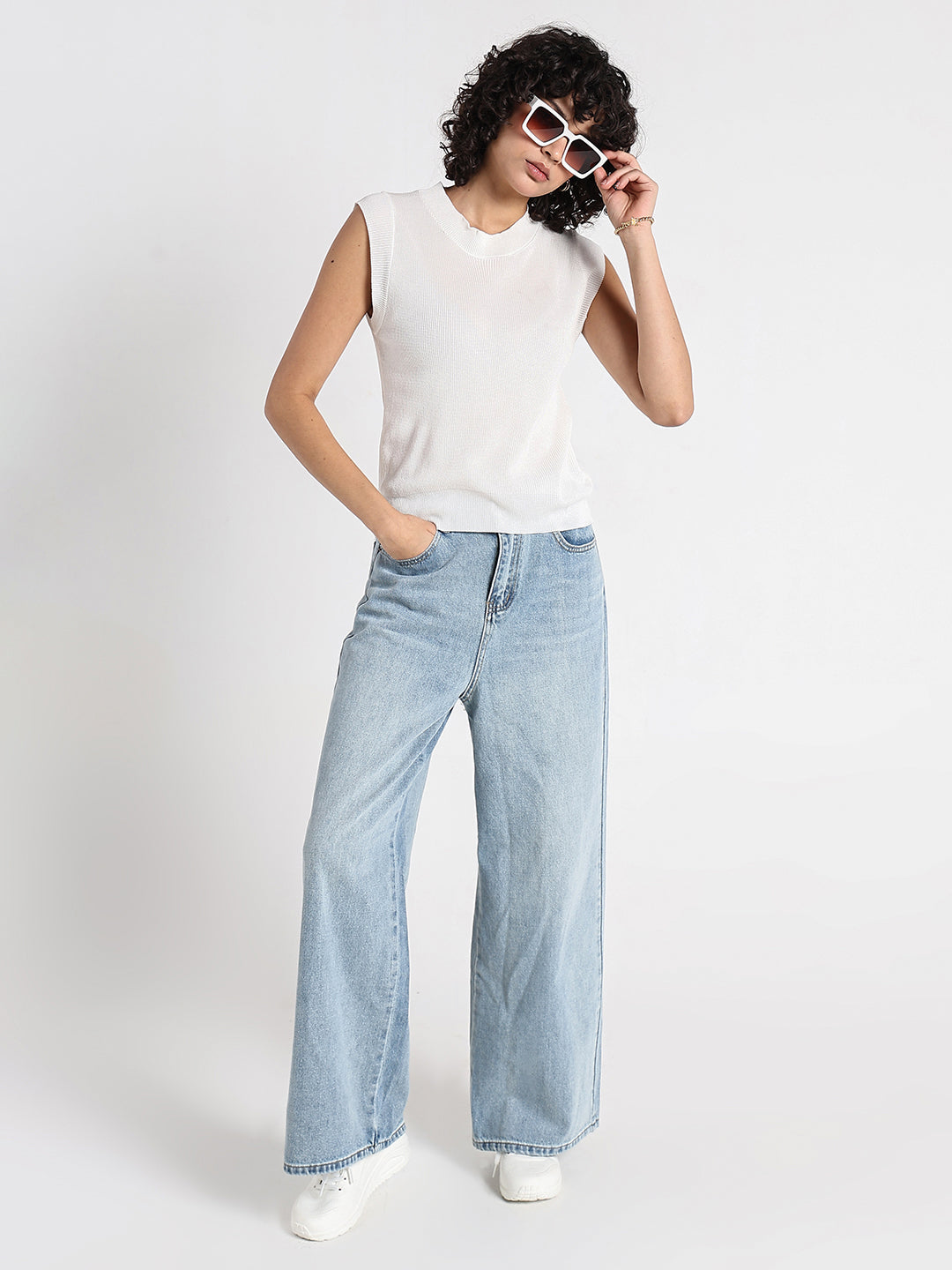 Women's Ribbed White Sleeveless Knit Top