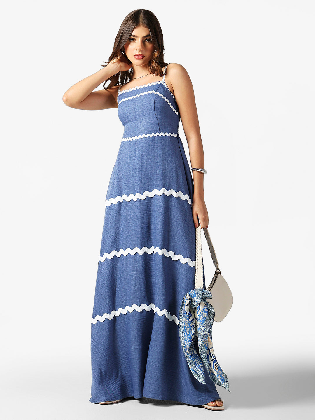 Women's Blue A-Line Maxi Dress with White Lace Trim
