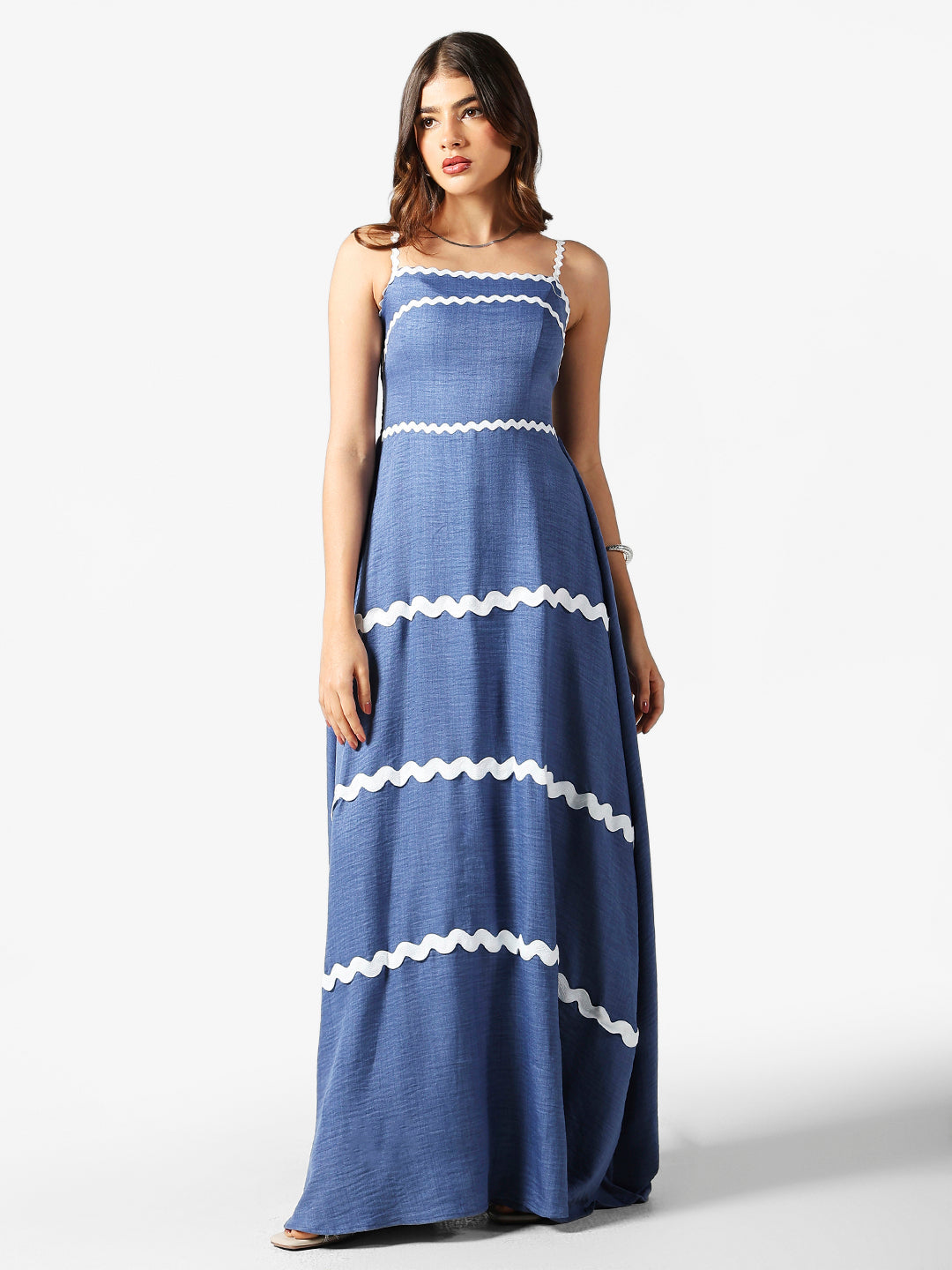 Women's Blue A-Line Maxi Dress with White Lace Trim