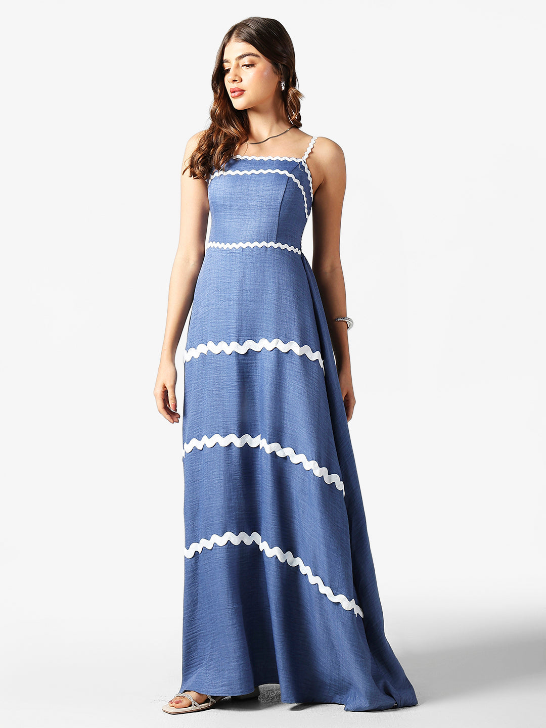 Women's Blue A-Line Maxi Dress with White Lace Trim