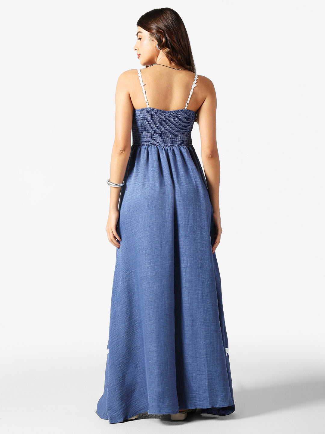 Women's Blue A-Line Maxi Dress with White Lace Trim