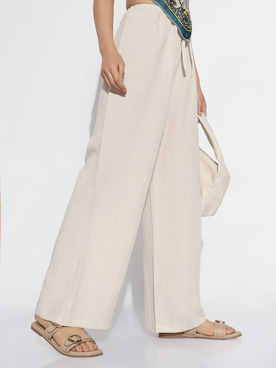 Women Beige Solid Loose Fit Trousers