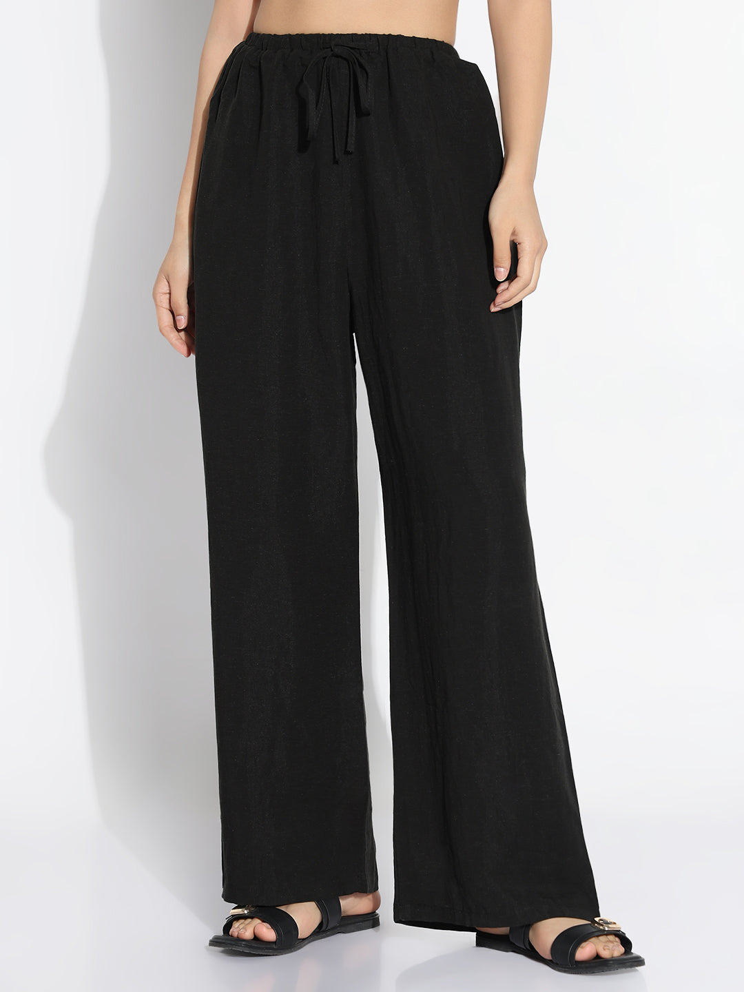 Women Black Solid Loose Fit Trousers