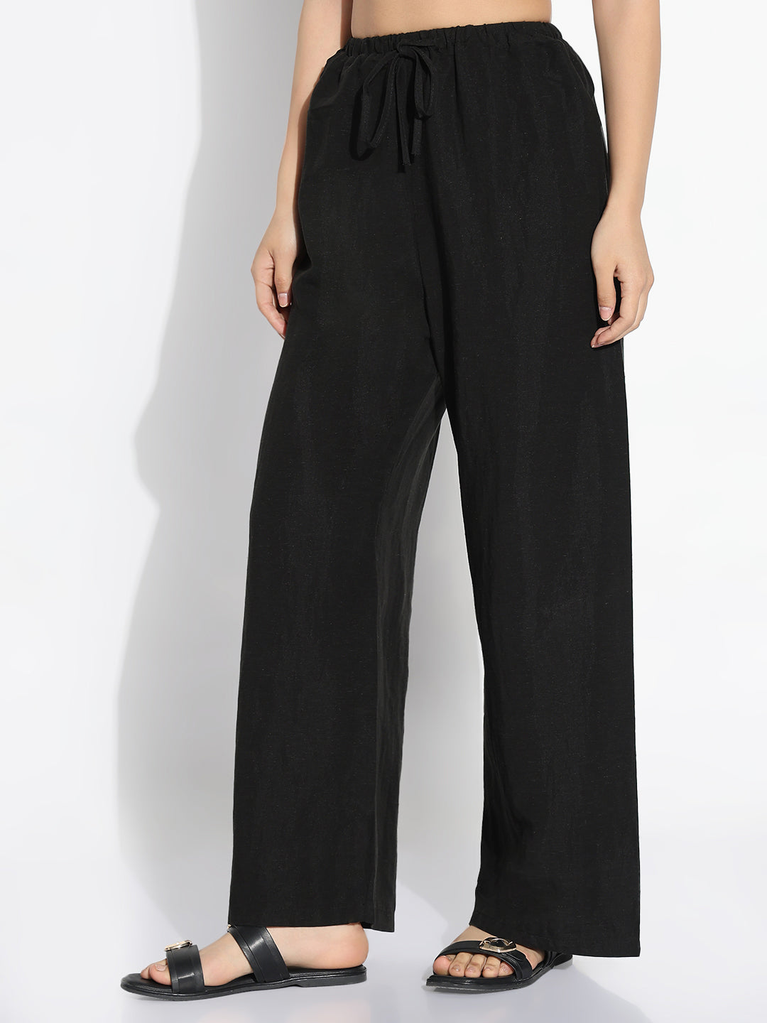 Women Black Solid Loose Fit Trousers