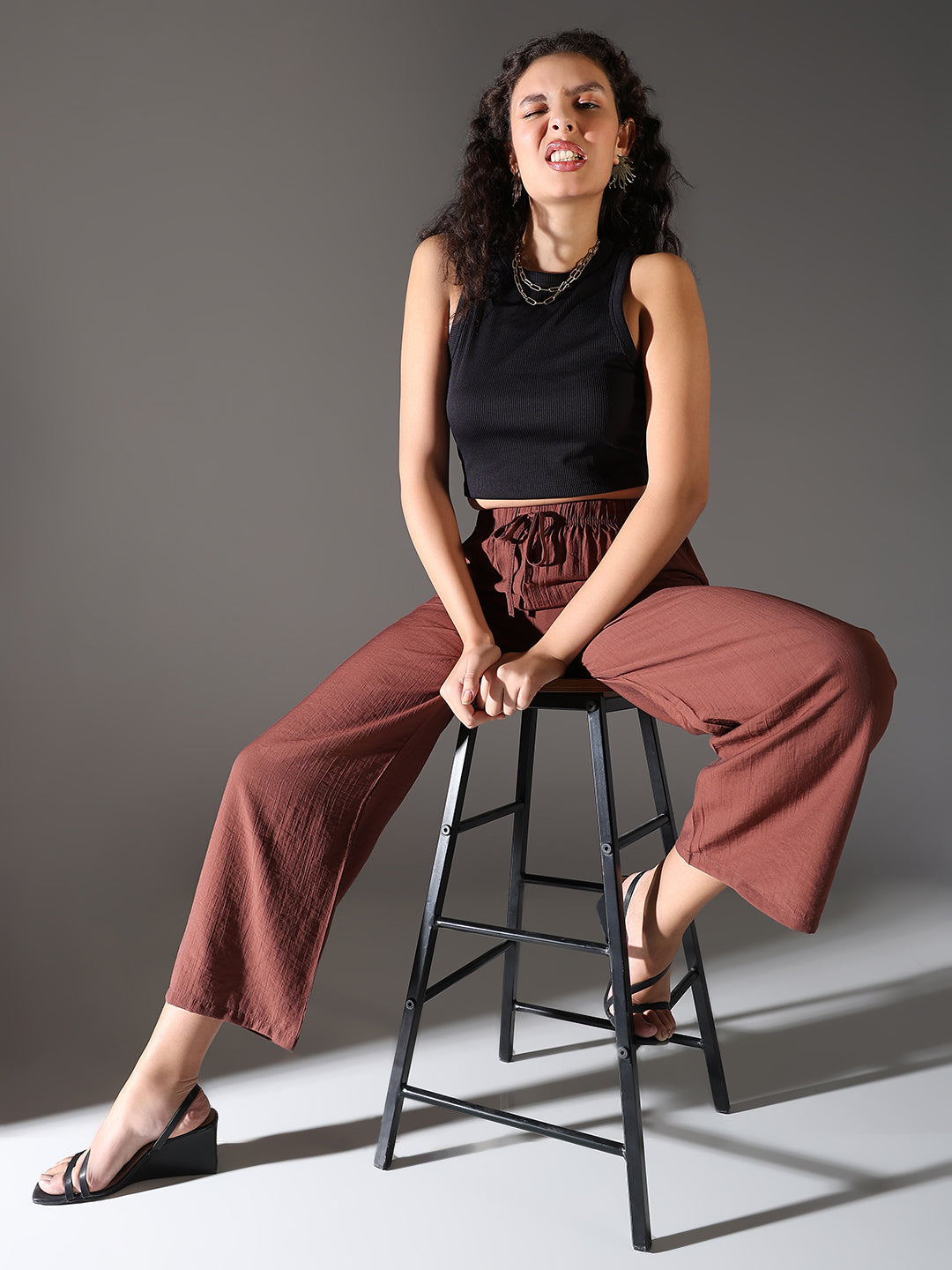 Women Brown Solid Parallel Trousers