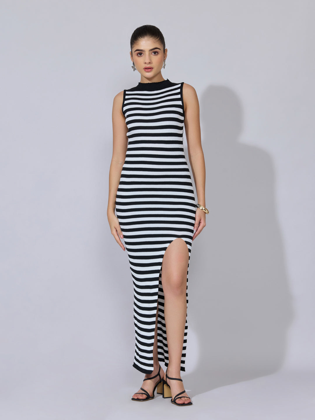 Women's Striped Black Bodycon Ribbed Maxi Dress
