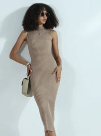 Women's Ribbed Beige High Neck Bodycon Midi Dress with Studs