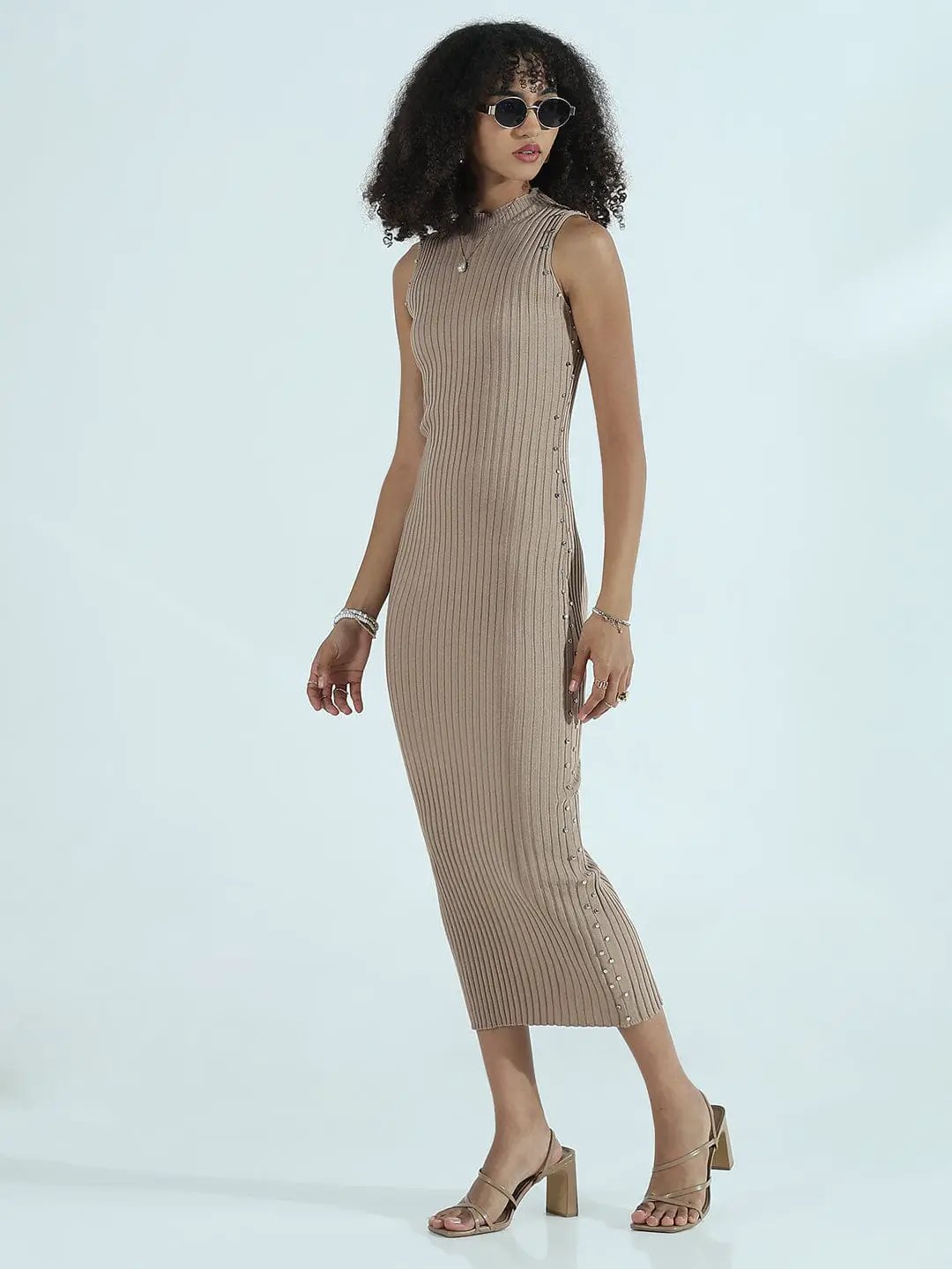 Women's Ribbed Beige High Neck Bodycon Midi Dress with Studs Women's Ribbed Beige High Neck Bodycon Midi Dress with Studs