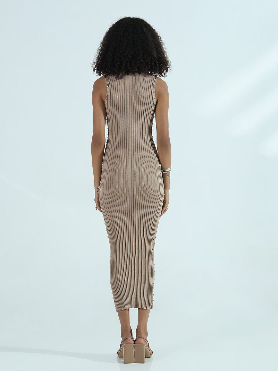 Women's Ribbed Beige High Neck Bodycon Midi Dress with Studs