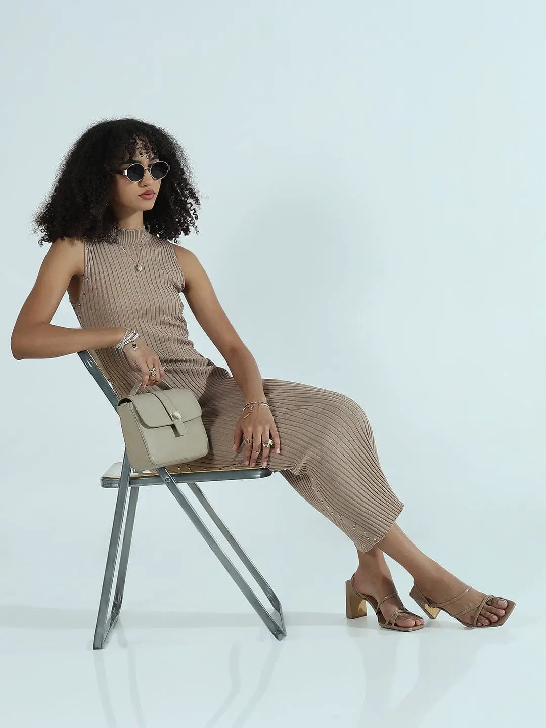 Shop Women's Ribbed Beige High Neck Bodycon Midi Dress with Studs| Showoffff Shop Women's Ribbed Beige High Neck Bodycon Midi Dress with Studs| Showoffff
