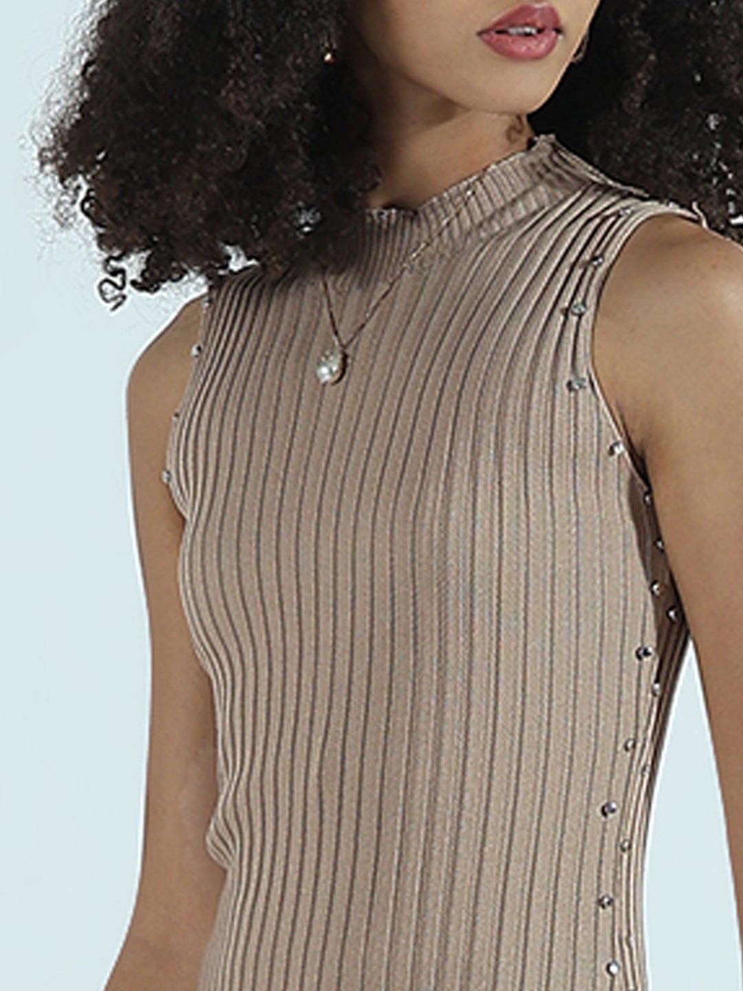 Women's Ribbed Beige High Neck Bodycon Midi Dress with Studs