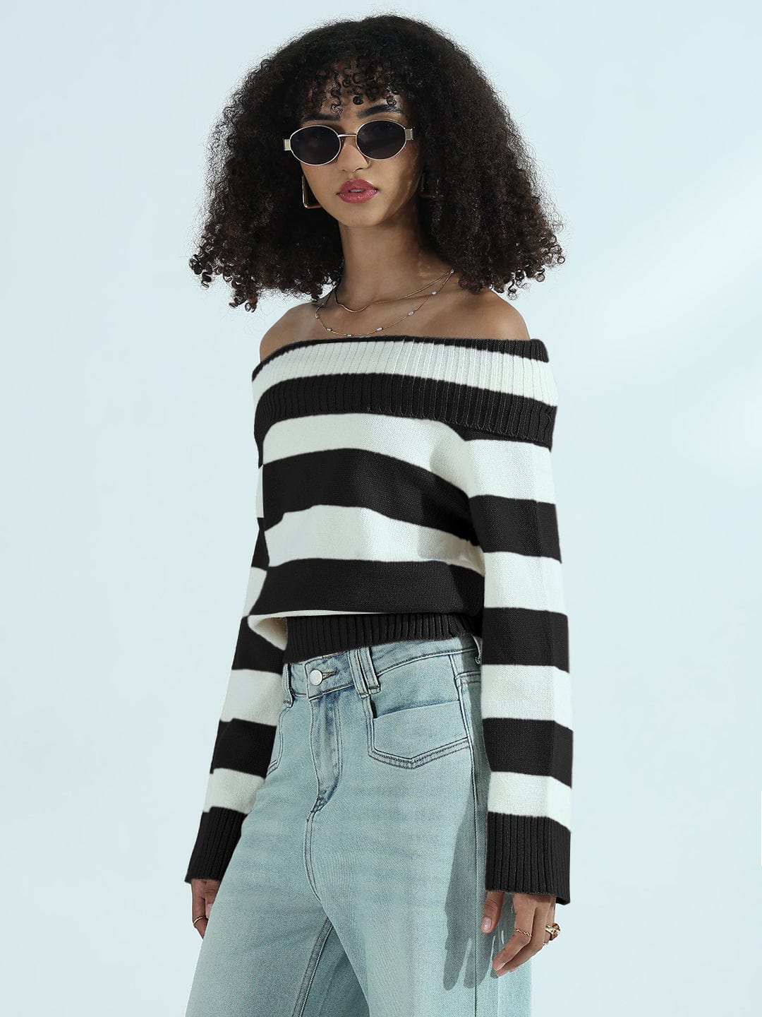 Women's Black Striped Off-Shoulder Knit Sweater Top