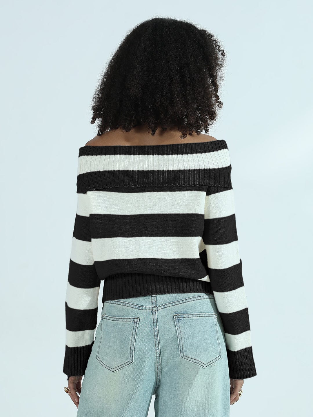 Women's Black Striped Off-Shoulder Knit Sweater Top