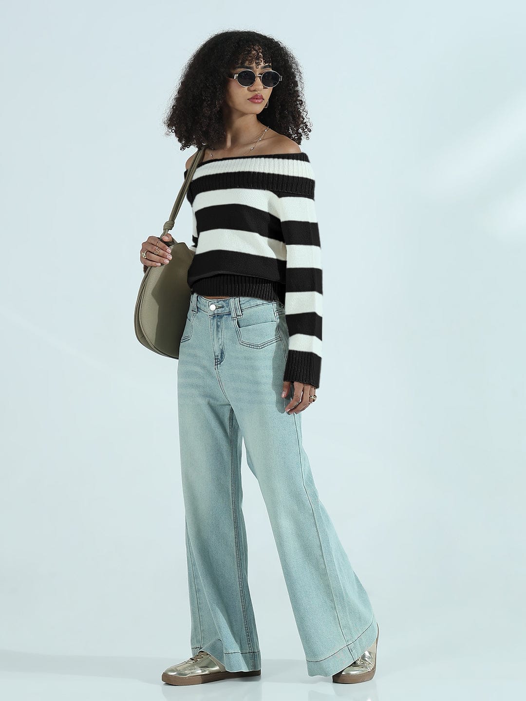 Women's Black Striped Off-Shoulder Knit Sweater Top