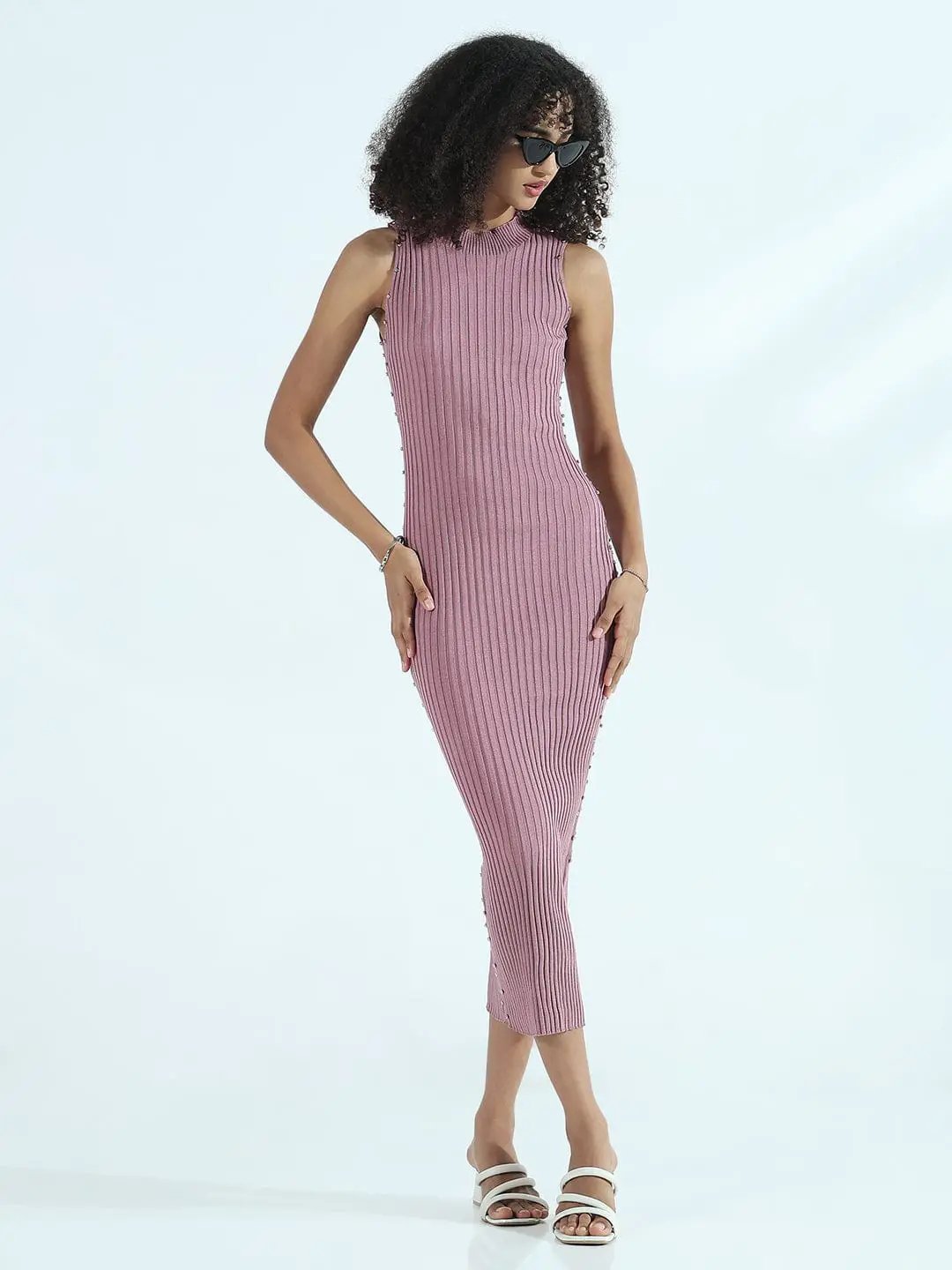 Women's Ribbed Mauve High Neck Bodycon Midi Dress with Studs - from SHOWOFFFF