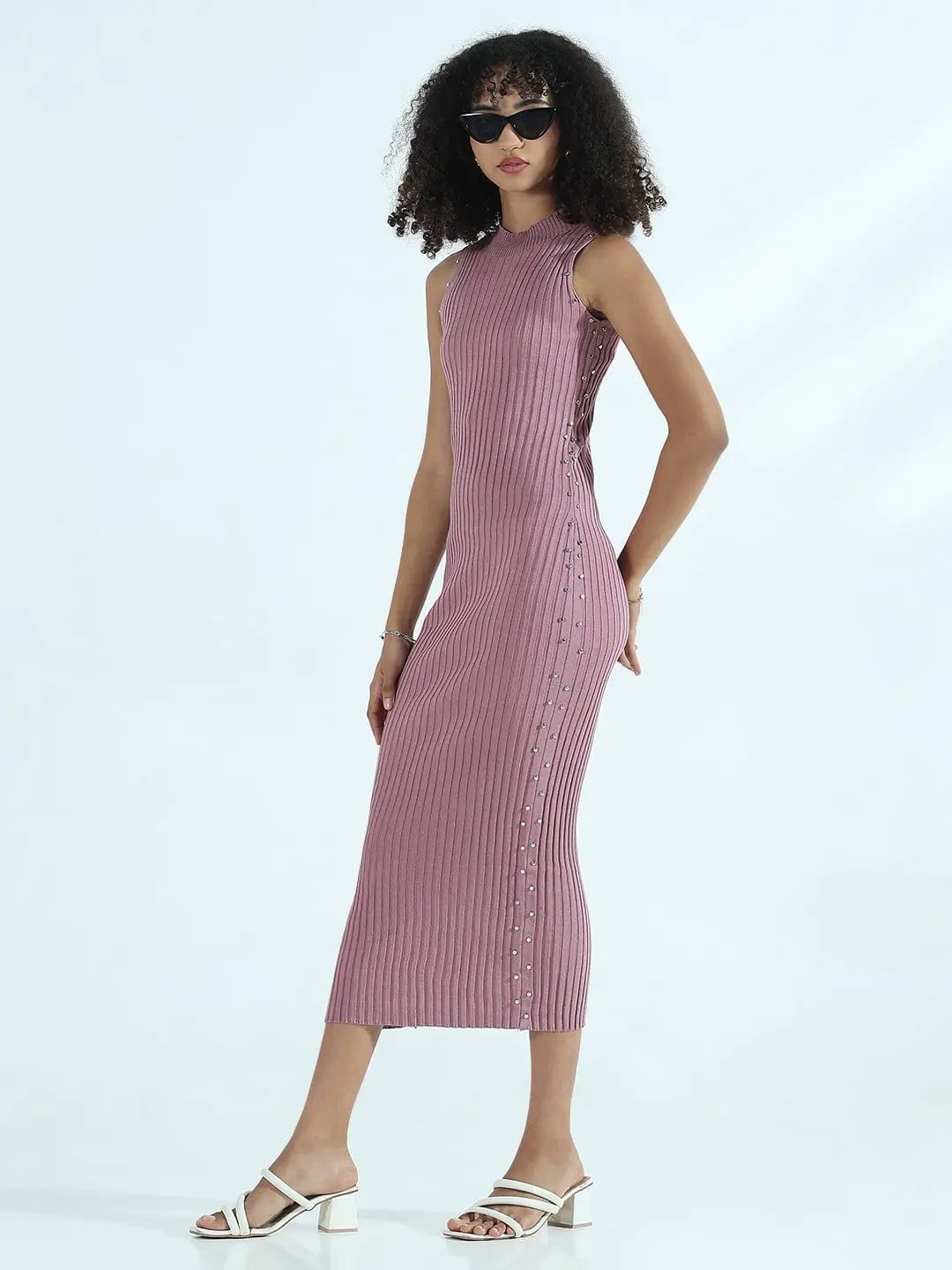Women's Ribbed Mauve High Neck Bodycon Midi Dress with Studs - from SHOWOFFFF