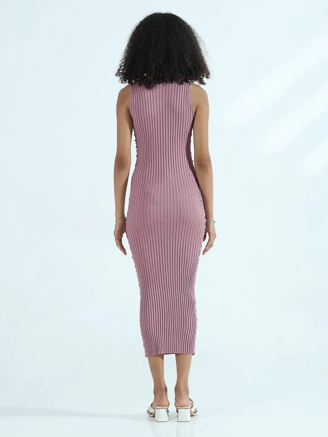 Women's Ribbed Mauve High Neck Bodycon Midi Dress with Studs - from SHOWOFFFF