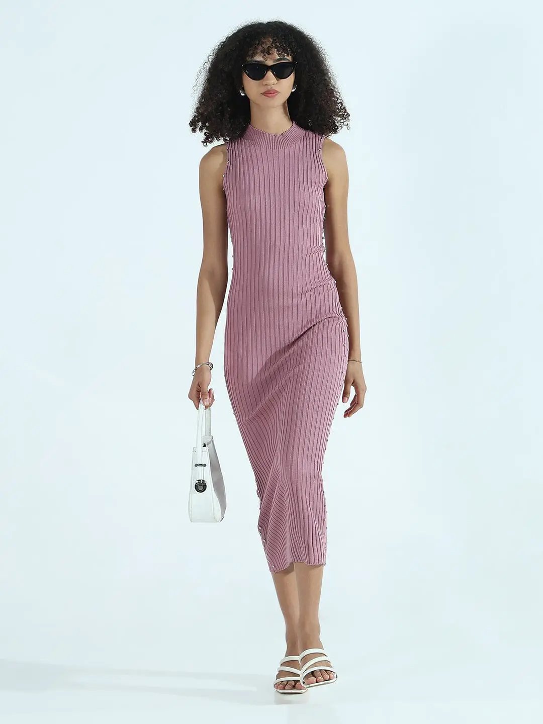 Women's Ribbed Mauve High Neck Bodycon Midi Dress with Studs - from SHOWOFFFF