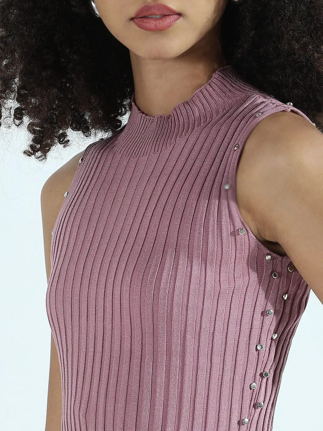 Women's Ribbed Mauve High Neck Bodycon Midi Dress with Studs - from SHOWOFFFF