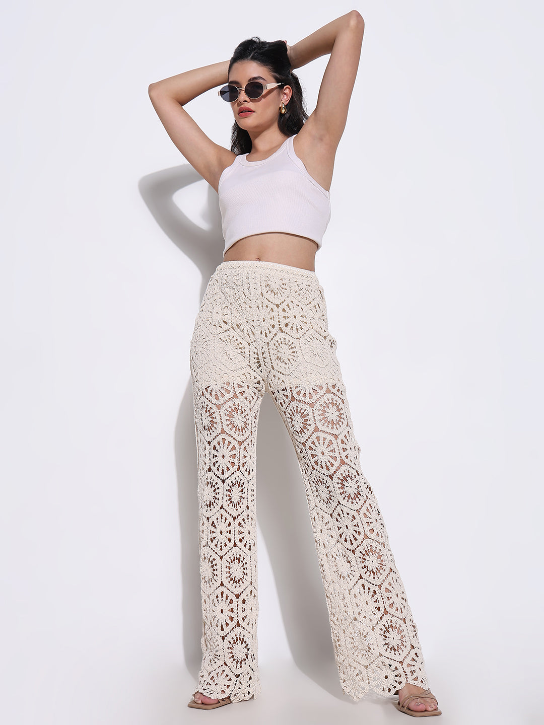 Women Solid Cream Crochet Trouser